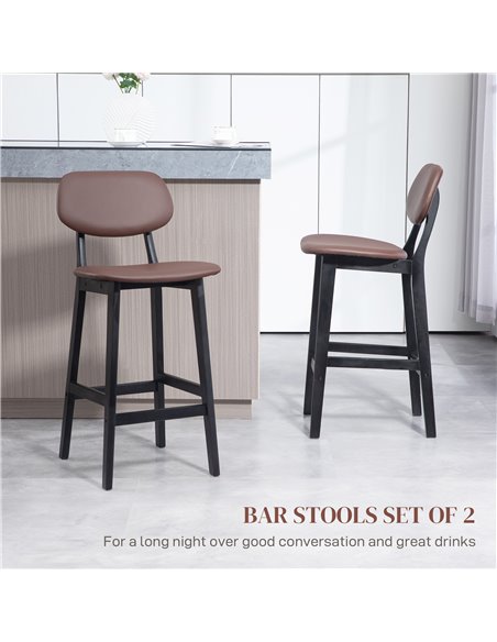 HOMCOM Bar Stools Set of 2, Modern Breakfast Bar Chairs, Faux Leather Upholstered Kitchen Stools with Backs and Wood Legs, Brown - pic 62349 | FastDaddyshop