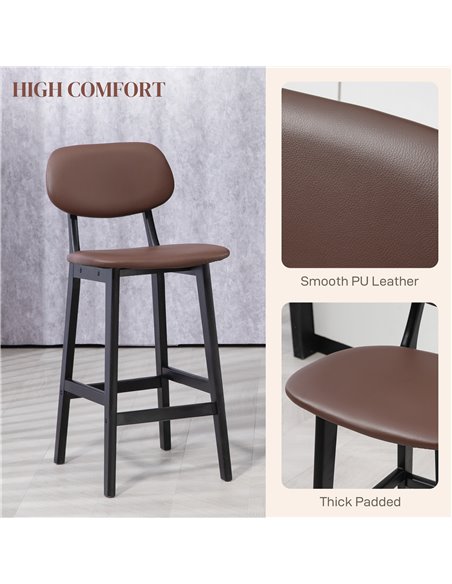 HOMCOM Bar Stools Set of 2, Modern Breakfast Bar Chairs, Faux Leather Upholstered Kitchen Stools with Backs and Wood Legs, Brown - pic 62350 | FastDaddyshop