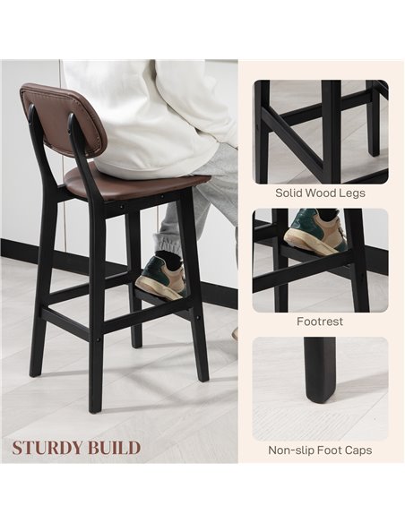 HOMCOM Bar Stools Set of 2, Modern Breakfast Bar Chairs, Faux Leather Upholstered Kitchen Stools with Backs and Wood Legs, Brown - pic 62351 | FastDaddyshop