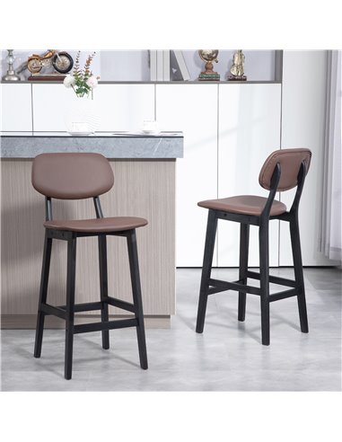 HOMCOM Bar Stools Set of 2, Modern Breakfast Bar Chairs, Faux Leather Upholstered Kitchen Stools with Backs and Wood Legs, Brown