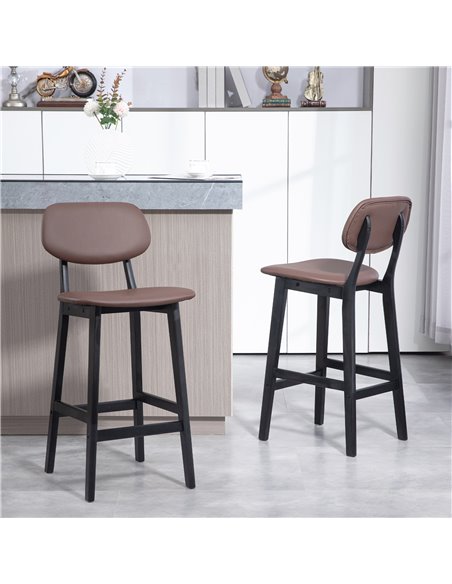 HOMCOM Bar Stools Set of 2, Modern Breakfast Bar Chairs, Faux Leather Upholstered Kitchen Stools with Backs and Wood Legs, Brown - pic 62352 | FastDaddyshop