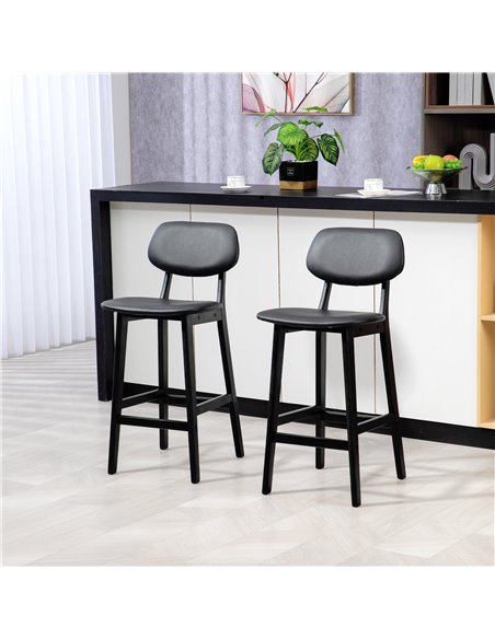 HOMCOM Bar Stools Set of 2, Modern Breakfast Bar Chairs, Faux Leather Upholstered Kitchen Stools with Backs and Wood Legs, Black - pic 62356 | FastDaddyshop