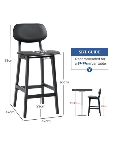 HOMCOM Bar Stools Set of 2, Modern Breakfast Bar Chairs, Faux Leather Upholstered Kitchen Stools with Backs and Wood Legs, Black