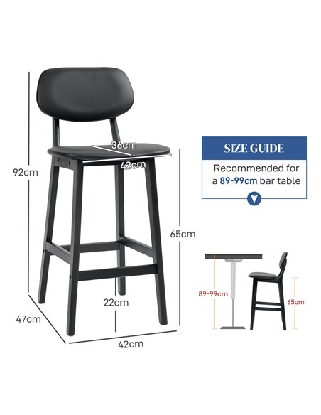 HOMCOM Bar Stools Set of 2, Modern Breakfast Bar Chairs, Faux Leather Upholstered Kitchen Stools with Backs and Wood Legs, Black - pic 62357 | FastDaddyshop