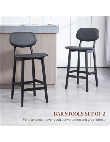 HOMCOM Bar Stools Set of 2, Modern Breakfast Bar Chairs, Faux Leather Upholstered Kitchen Stools with Backs and Wood Legs, Black