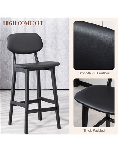 HOMCOM Bar Stools Set of 2, Modern Breakfast Bar Chairs, Faux Leather Upholstered Kitchen Stools with Backs and Wood Legs, Black