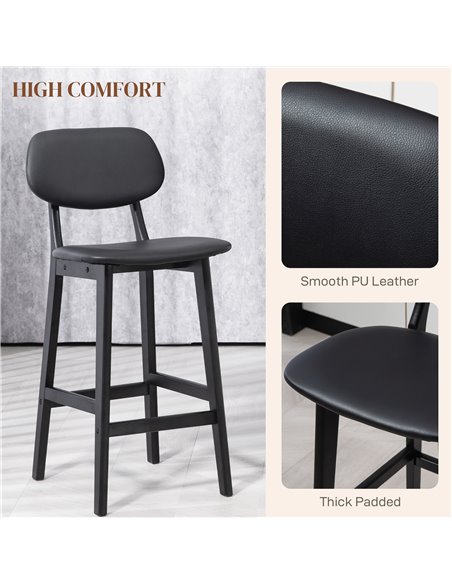 HOMCOM Bar Stools Set of 2, Modern Breakfast Bar Chairs, Faux Leather Upholstered Kitchen Stools with Backs and Wood Legs, Black - pic 62359 | FastDaddyshop