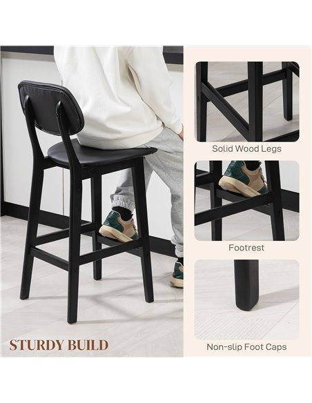 HOMCOM Bar Stools Set of 2, Modern Breakfast Bar Chairs, Faux Leather Upholstered Kitchen Stools with Backs and Wood Legs, Black - pic 62360 | FastDaddyshop