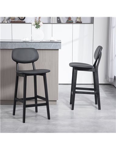 HOMCOM Bar Stools Set of 2, Modern Breakfast Bar Chairs, Faux Leather Upholstered Kitchen Stools with Backs and Wood Legs, Black