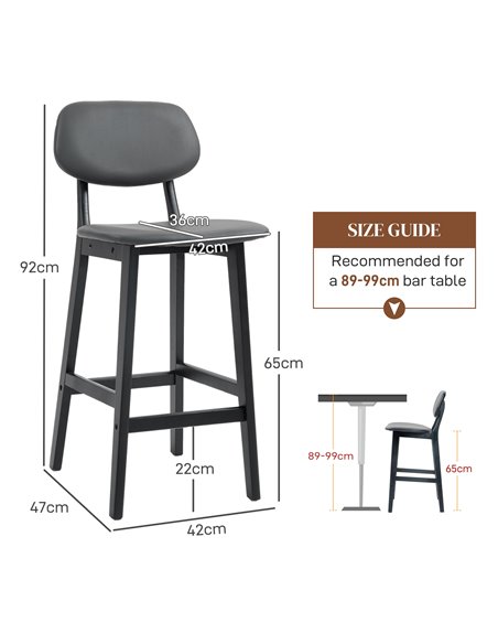 HOMCOM Bar Stools Set of 2, Modern Breakfast Bar Chairs, Faux Leather Upholstered Kitchen Stools with Backs and Wood Legs, Dark  - pic 62366 | FastDaddyshop