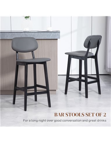 HOMCOM Bar Stools Set of 2, Modern Breakfast Bar Chairs, Faux Leather Upholstered Kitchen Stools with Backs and Wood Legs, Dark 