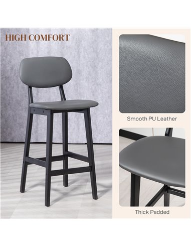 HOMCOM Bar Stools Set of 2, Modern Breakfast Bar Chairs, Faux Leather Upholstered Kitchen Stools with Backs and Wood Legs, Dark 