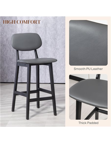 HOMCOM Bar Stools Set of 2, Modern Breakfast Bar Chairs, Faux Leather Upholstered Kitchen Stools with Backs and Wood Legs, Dark  - pic 62368 | FastDaddyshop