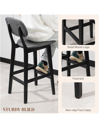HOMCOM Bar Stools Set of 2, Modern Breakfast Bar Chairs, Faux Leather Upholstered Kitchen Stools with Backs and Wood Legs, Dark 