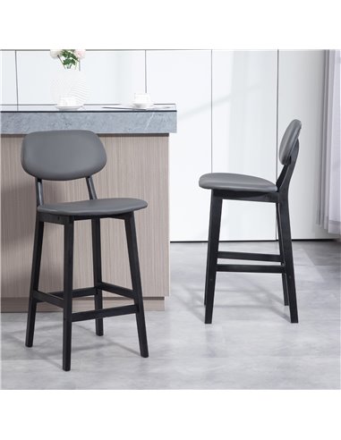 HOMCOM Bar Stools Set of 2, Modern Breakfast Bar Chairs, Faux Leather Upholstered Kitchen Stools with Backs and Wood Legs, Dark 