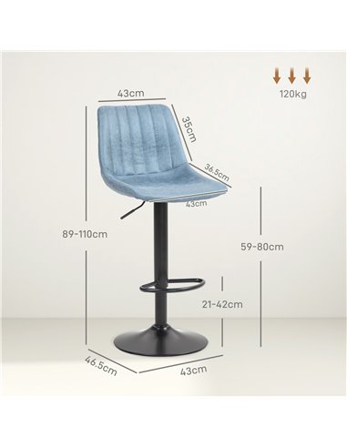 HOMCOM Adjustable Bar Stools Set of 2 Counter Height Barstools Dining Chairs 360° Swivel with Footrest for Home Pub, Blue 835-22