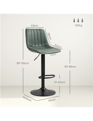 HOMCOM Adjustable Bar Stools Set of 2 Counter Height Barstools Dining Chairs 360° Swivel with Footrest for Home Pub, Green 835-2