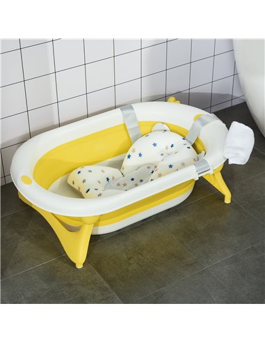 HOMCOM Collapsible Baby Bath Tub Foldable Ergonomic w/ Cushion Temperature Sensitive Water Plug Non-Slip Support Leg Portable fo