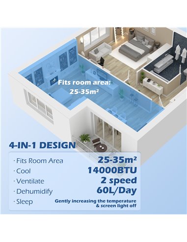 HOMCOM 14,000 BTU Mobile Air Conditioner, 35m², Smart Home WiFi, with Dehumidifier, Fan, 24H Timer, Window Kit, Black 823-049V70