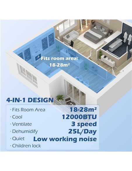 HOMCOM 12,000 BTU Mobile Air Conditioner for Room up to 28m², with Dehumidifier, Quiet Mode, 24H Timer, Wheels, Child Lock 823-0 - pic 62502 | FastDaddyshop