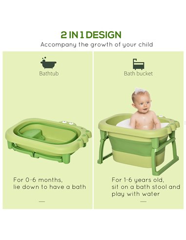 HOMCOM Baby Bath Tub for 0-6 Years Collapsible Non-Slip Portable with Stool Seat for Newborns Infants Toddlers Kids Crocodile Sh