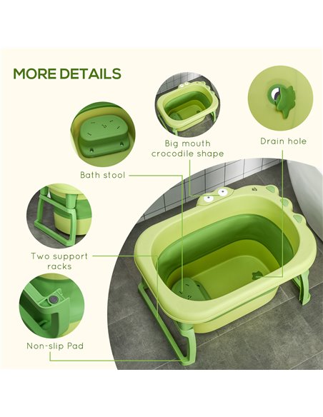 HOMCOM Baby Bath Tub for 0-6 Years Collapsible Non-Slip Portable with Stool Seat for Newborns Infants Toddlers Kids Crocodile Sh - pic 6266 | FastDaddyshop
