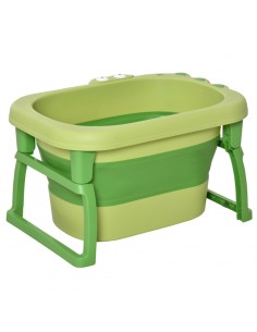 Homcom 0+ Baby Bath Tub, Collapsible, Non-Slip, Portable, Stool Seat, Crocodile Shape, Green