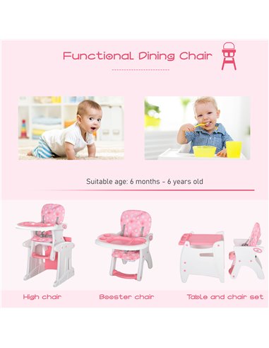 HOMCOM HDPE 3-in-1 Baby Booster High Chair Pink