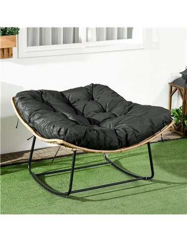 Outsunny Outdoor PE Rattan Rocking Chair, Patio Luxury Round Wicker Garden Porch Furniture w/ Thick Cushion, Natural Wood Finish