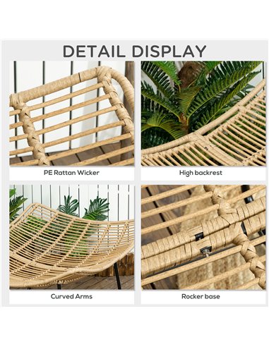 Outsunny Outdoor PE Rattan Rocking Chair, Patio Luxury Round Wicker Garden Porch Furniture w/ Thick Cushion, Natural Wood Finish