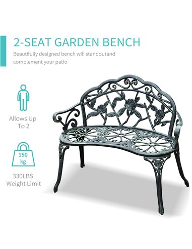 Outsunny Cast Aluminium Outdoor Garden Patio Antique Rose Style Bench Porch Park Chair Seater - Green 01-0794