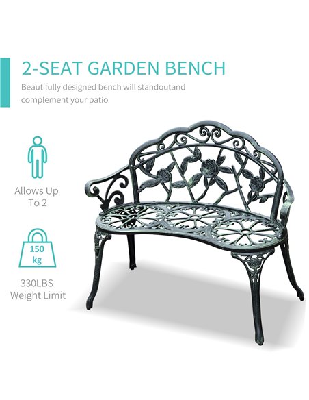 Outsunny Cast Aluminium Outdoor Garden Patio Antique Rose Style Bench Porch Park Chair Seater - Green 01-0794 - pic 62844 | FastDaddyshop