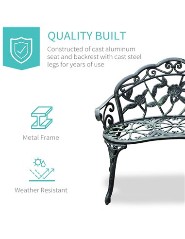 Outsunny Cast Aluminium Outdoor Garden Patio Antique Rose Style Bench Porch Park Chair Seater - Green 01-0794
