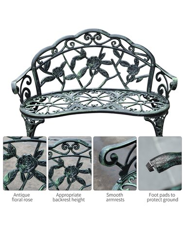 Outsunny Cast Aluminium Outdoor Garden Patio Antique Rose Style Bench Porch Park Chair Seater - Green 01-0794