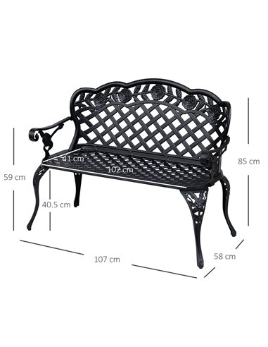 Outsunny Cast Aluminium Garden Bench Outdoor Patio 2 Seater High Back Chair Armrest Antique Style Black 84B-189