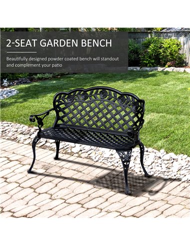 Outsunny Cast Aluminium Garden Bench Outdoor Patio 2 Seater High Back Chair Armrest Antique Style Black 84B-189