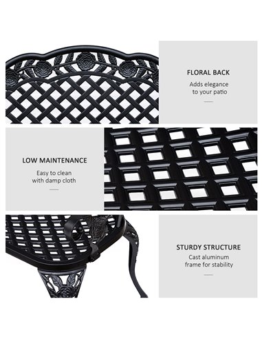 Outsunny Cast Aluminium Garden Bench Outdoor Patio 2 Seater High Back Chair Armrest Antique Style Black 84B-189