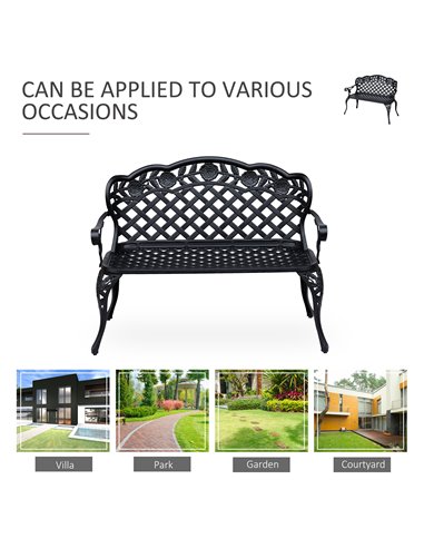 Outsunny Cast Aluminium Garden Bench Outdoor Patio 2 Seater High Back Chair Armrest Antique Style Black 84B-189