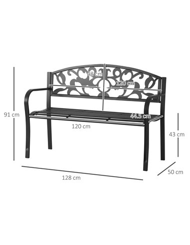 Outsunny Metal 2 Seater Patio Bench, Outdoor Garden Park Yard Furniture, Porch Chair, Black, 128L x 91H x 50W cm 84B-283