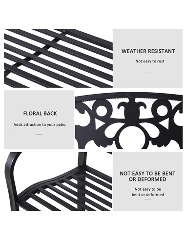 Outsunny Metal 2 Seater Patio Bench, Outdoor Garden Park Yard Furniture, Porch Chair, Black, 128L x 91H x 50W cm 84B-283