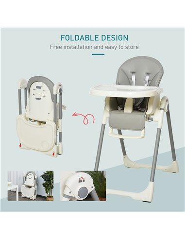 HOMCOM Foldable Baby High Chair Convertible to Toddler Chair Height Adjustable with Removable Tray 5-Point Harness Mobile with W