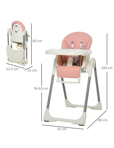 HOMCOM Foldable Baby High Chair Convertible to Toddler Chair Height Adjustable with Removable Tray 5-Point Harness Mobile with W