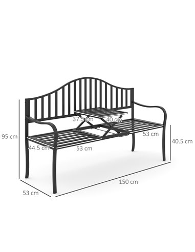 Outsunny Outdoor Metal Frame Bench Patio Park Garden Seating Chair with Foldable Middle Table 84B-241