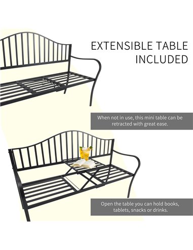 Outsunny Outdoor Metal Frame Bench Patio Park Garden Seating Chair with Foldable Middle Table 84B-241