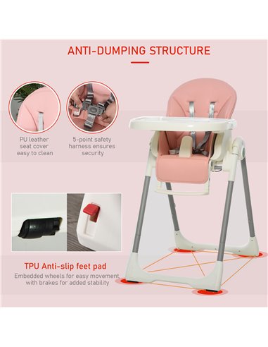 HOMCOM Foldable Baby High Chair Convertible to Toddler Chair Height Adjustable with Removable Tray 5-Point Harness Mobile with W