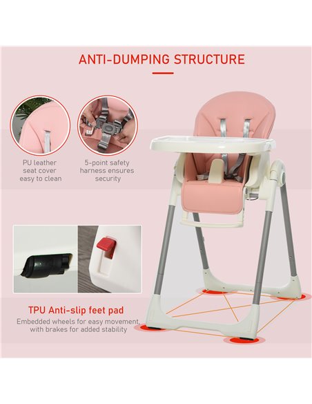HOMCOM Foldable Baby High Chair Convertible to Toddler Chair Height Adjustable with Removable Tray 5-Point Harness Mobile with W - pic 6303 | FastDaddyshop