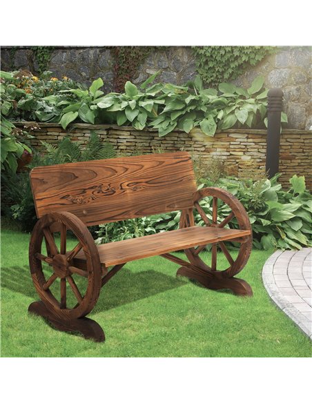 Outsunny Wooden Cart Wagon Wheel 2 Seater Garden Bench Outdoor Chair Rustic High Back Loveseat Burnt Stained 84B-408 - pic 63067 | FastDaddyshop