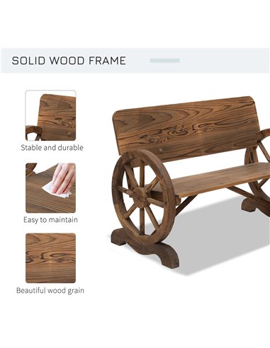 Outsunny Wooden Cart Wagon Wheel 2 Seater Garden Bench Outdoor Chair Rustic High Back Loveseat Burnt Stained 84B-408