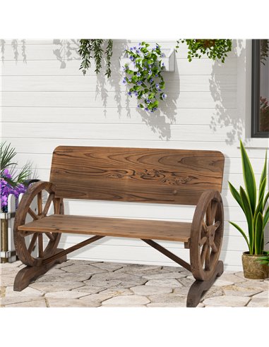 Outsunny Wooden Cart Wagon Wheel 2 Seater Garden Bench Outdoor Chair Rustic High Back Loveseat Burnt Stained 84B-408