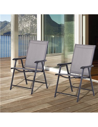 Outsunny Set of 2 Foldable Garden Chairs W/ Metal Frame Outdoor Patio Park Dining Seat Yard Furniture Grey 84B-381GY